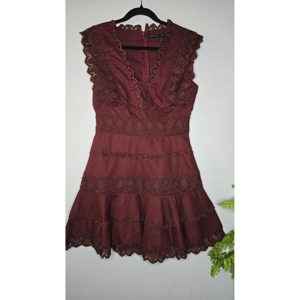 Burgundy Linen Blend Lace Mini Dress Size Small Romantic Boho Goth - Picture 4 of 8
